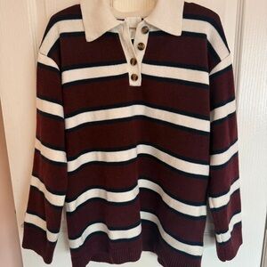 H&M Men's Burgundy and White Striped Polo